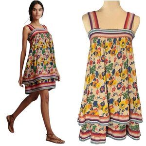 WARM NY Babydoll Mini Dress Sz.XS Tiered Floral Smocked Back Sundress Boho